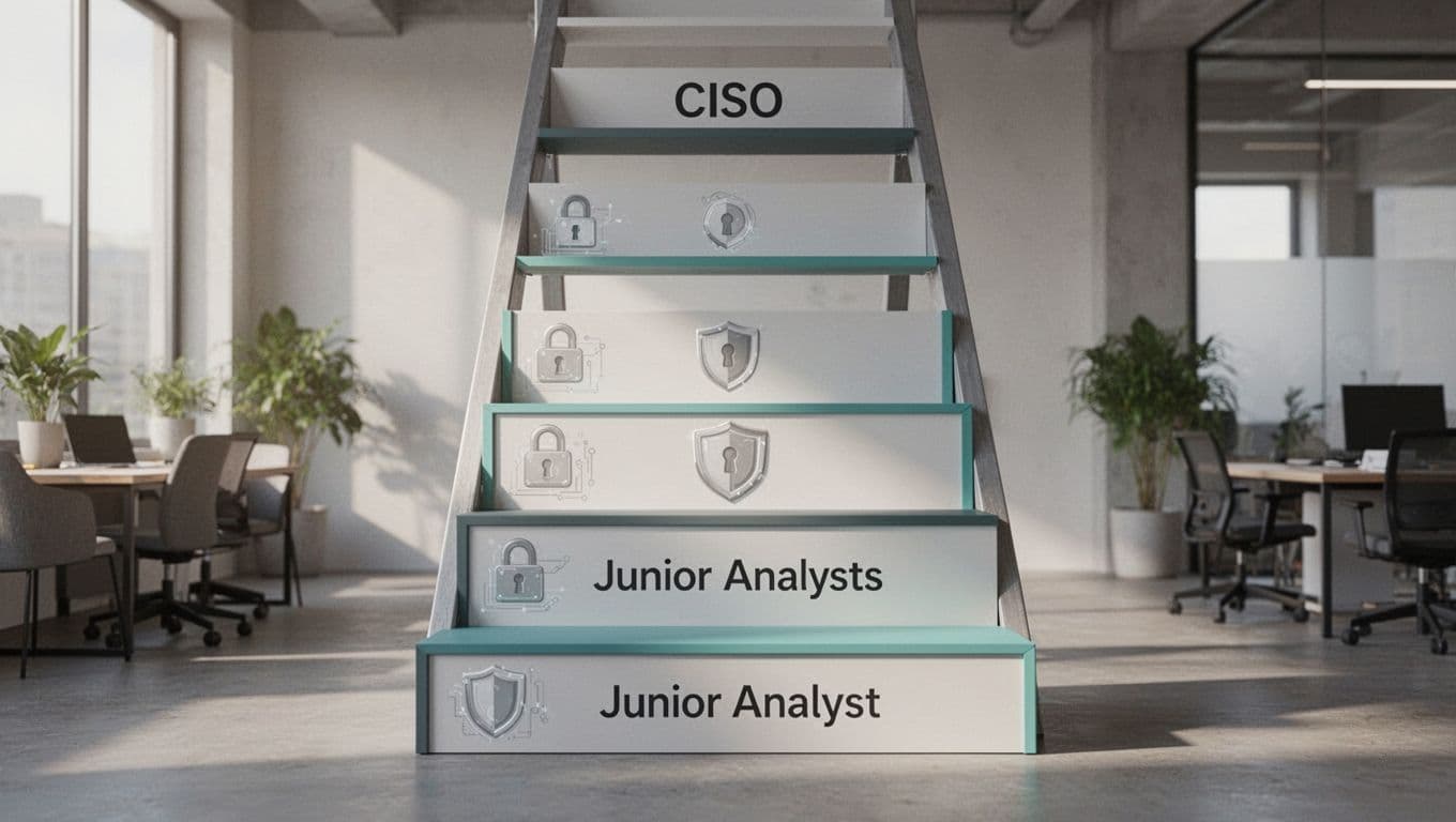 Modern illustration of a career ladder with four security roles: junior analyst at bottom, senior engineer midway, manager higher, and CISO at top. Features clean shapes, green accents, office background with locks and shields.