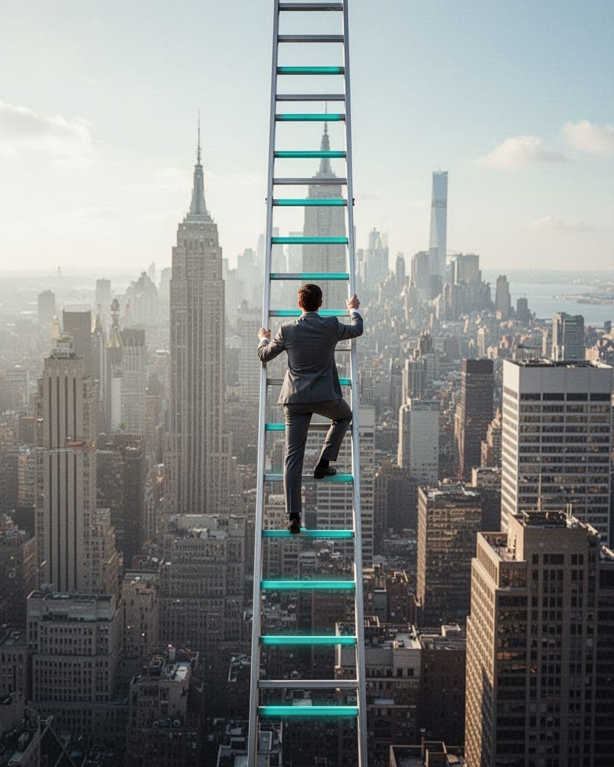 Modern illustration of a professional climbing a career ladder in cybersecurity, with rungs labeled by areas like cloud security and IAM, against a city skyline background.