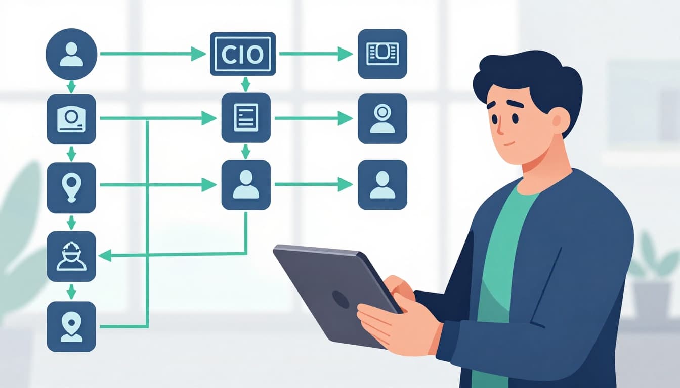 Modern illustration of a cybersecurity consultant in casual office wear holding a digital tablet displaying a flowchart of career path from junior analyst to senior consultant to CISO, with icons for certifications and experience, in blues-greens with green accents.