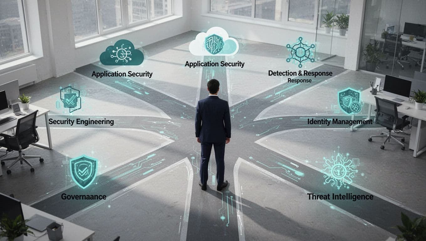 Modern illustration of a cybersecurity professional standing at a crossroads with paths branching to icons for cloud security, application security, detection response, security engineering, IAM, GRC, and threat intelligence. Clean shapes with green accents on path icons and a soft office background.