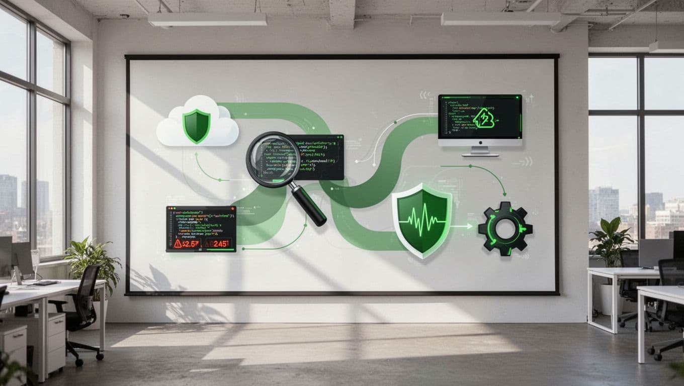 Modern illustration featuring icons of key cybersecurity roles like cloud security architect, penetration tester, SOC analyst, incident responder, and security engineer, arranged in a flowchart on a digital board with clean shapes and green accents.