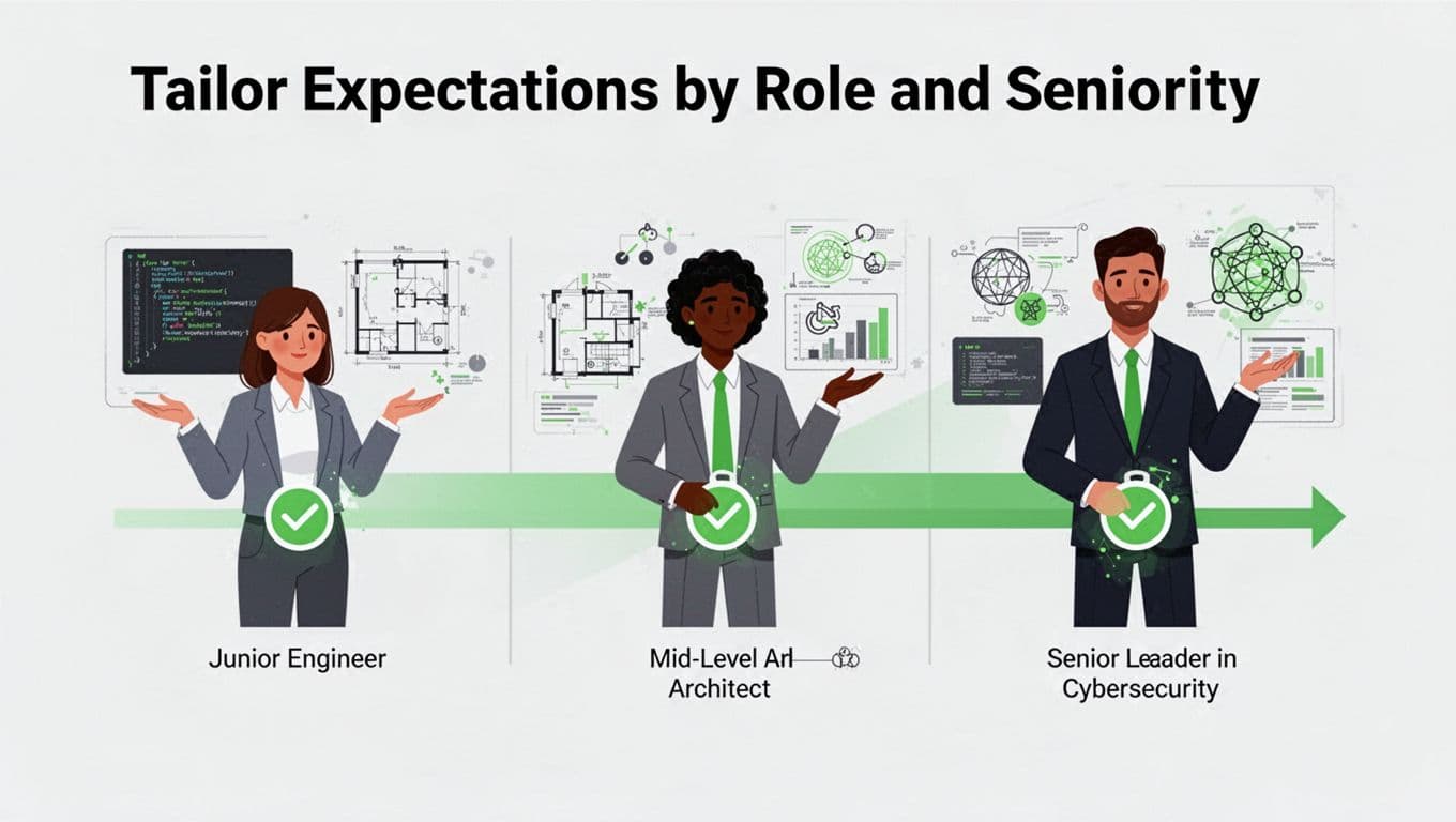 Modern illustration of diverse professionals at junior engineer, mid-level architect, and senior leader levels in cybersecurity, arranged in a progression timeline with role-specific icons.