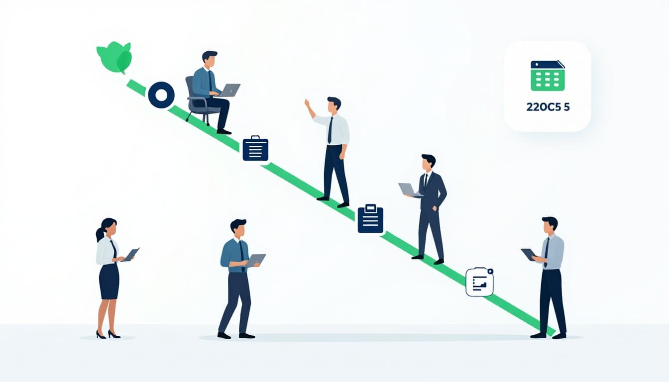 Modern illustration of a cybersecurity professional ascending a career ladder from security analyst to cloud security architect, with icons for training, certifications, and skills along the steps. Features clean shapes, controlled color palette with #22C55E accents on ladder rungs and icons, in a professional office setting with soft lighting.