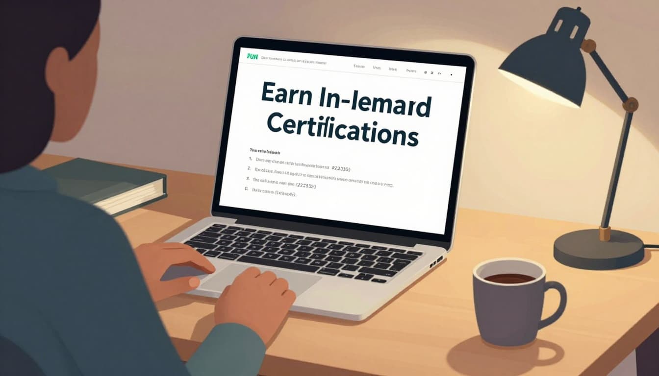 A single professional in a quiet study space surrounded by certification materials like a laptop with exam prep screens, notebooks, coffee mug, and warm desk lamp lighting. Modern illustration featuring clean shapes, green accents, centered composition, and relaxed pose, emphasizing focused cybersecurity certification preparation.