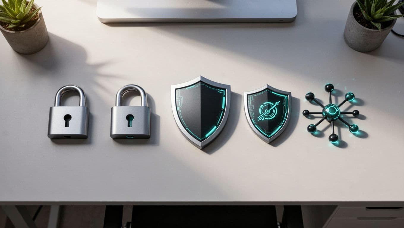 Modern top-down illustration of a cybersecurity checklist featuring icons like locks, shields, and networks on a simple desk workspace. Clean shapes with #22C55E accents, soft lighting, no people, text, or logos.