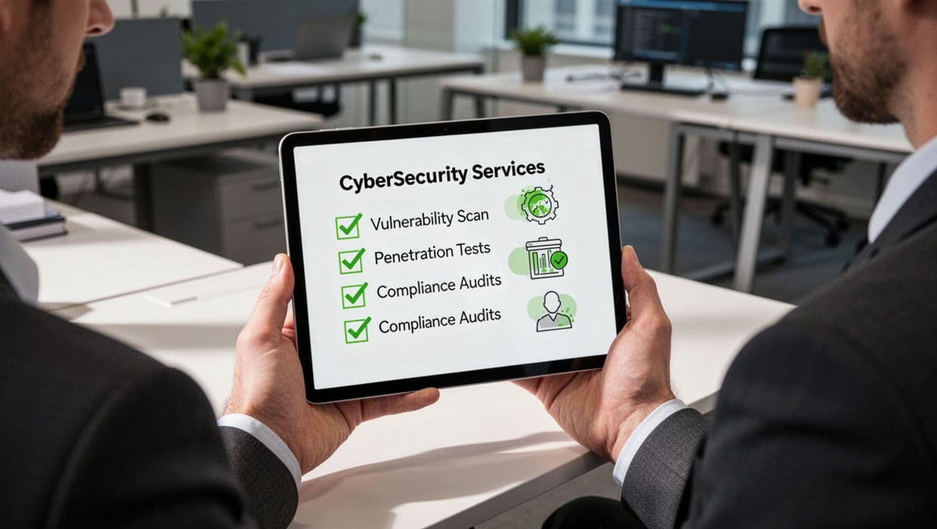 Modern illustration of a consultant in a workspace holding a tablet with a checklist of cybersecurity services like vulnerability scans, penetration tests, and compliance audits, featuring clean shapes, green accents on checkmarks, and soft lighting.