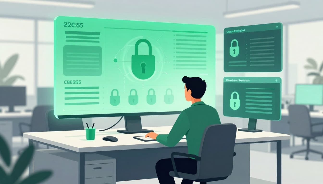 Modern illustration of a cybersecurity CISO executive at a modern office desk, facing holographic screens displaying threat alerts, skill gaps charts, and empty talent pool icons, with a concerned expression and empty chairs symbolizing shortage.