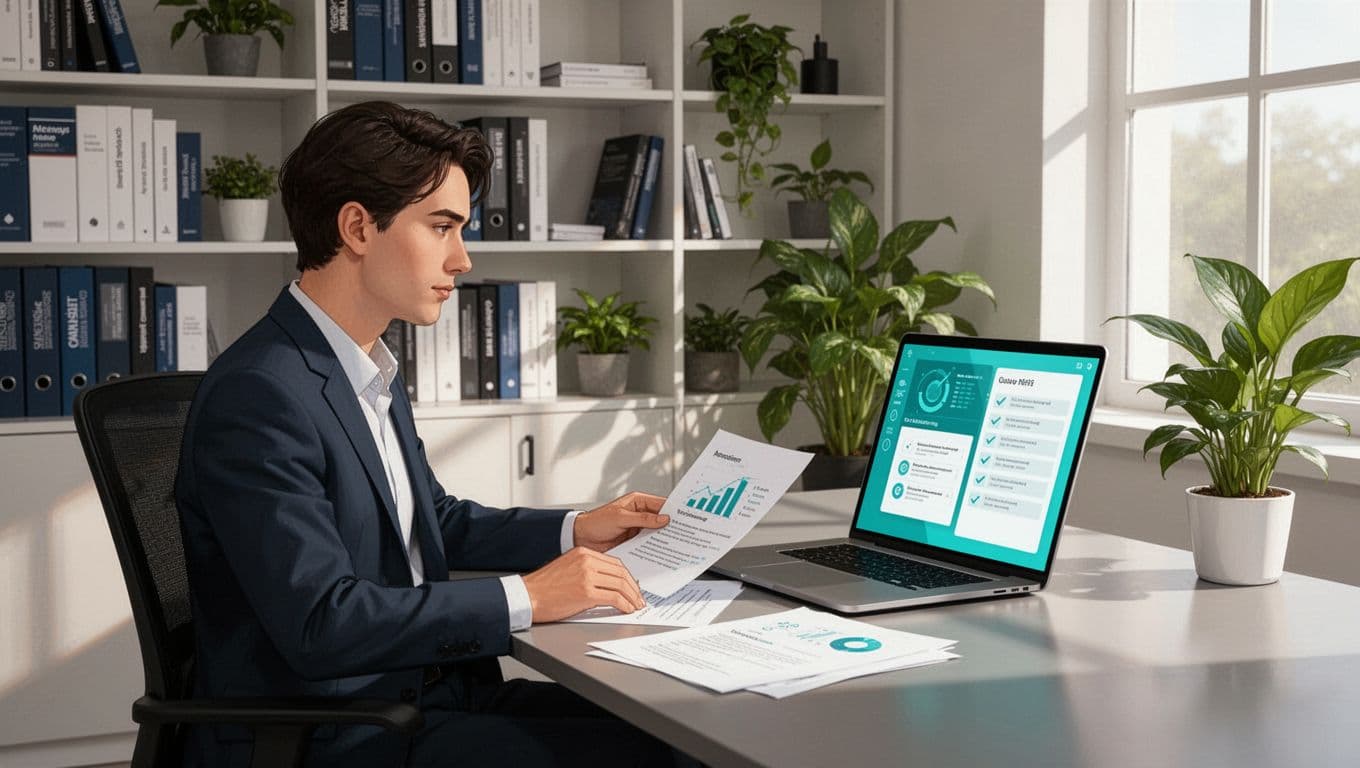 A single cybersecurity compliance consultant sits at a modern office desk, reviewing paper documents and a laptop displaying compliance checklists and gap analysis charts, in a professional setting with bookshelves, plants, and soft natural lighting.