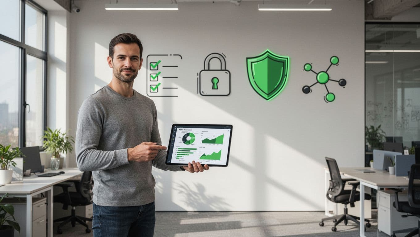 A confident cybersecurity compliance consultant stands in a modern open office space, holding a tablet with abstract security risk assessment charts, against a background wall featuring simple icons of checklist, lock, shield, and network nodes.