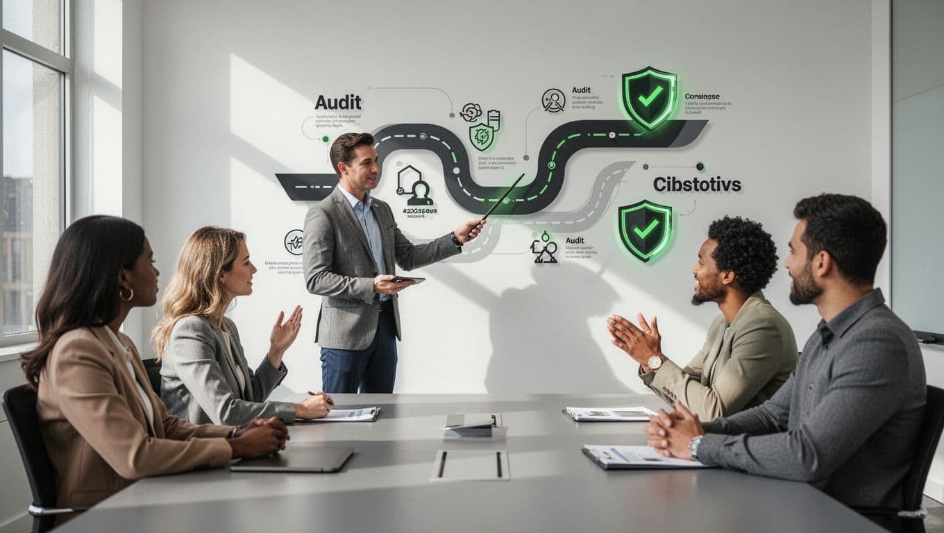 Modern illustration of a cybersecurity compliance consultant presenting a compliance roadmap on a digital screen to a focused team of four diverse professionals in a bright conference room.