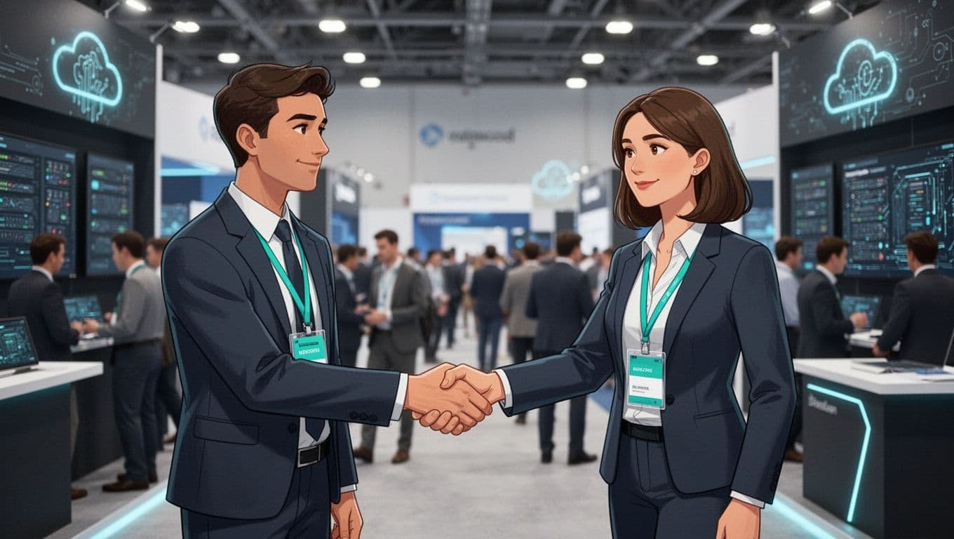 Modern illustration of a tech professional shaking hands with a recruiter at a cybersecurity conference amid booths with server and cloud icons, using clean shapes and a controlled palette with green highlights on the handshake and name badges.