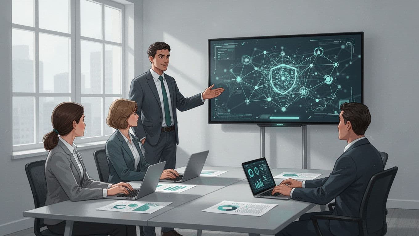 Modern illustration of a cybersecurity consultant in a meeting room advising a small business team around a table with laptops and charts, pointing to a secure network diagram on screen.