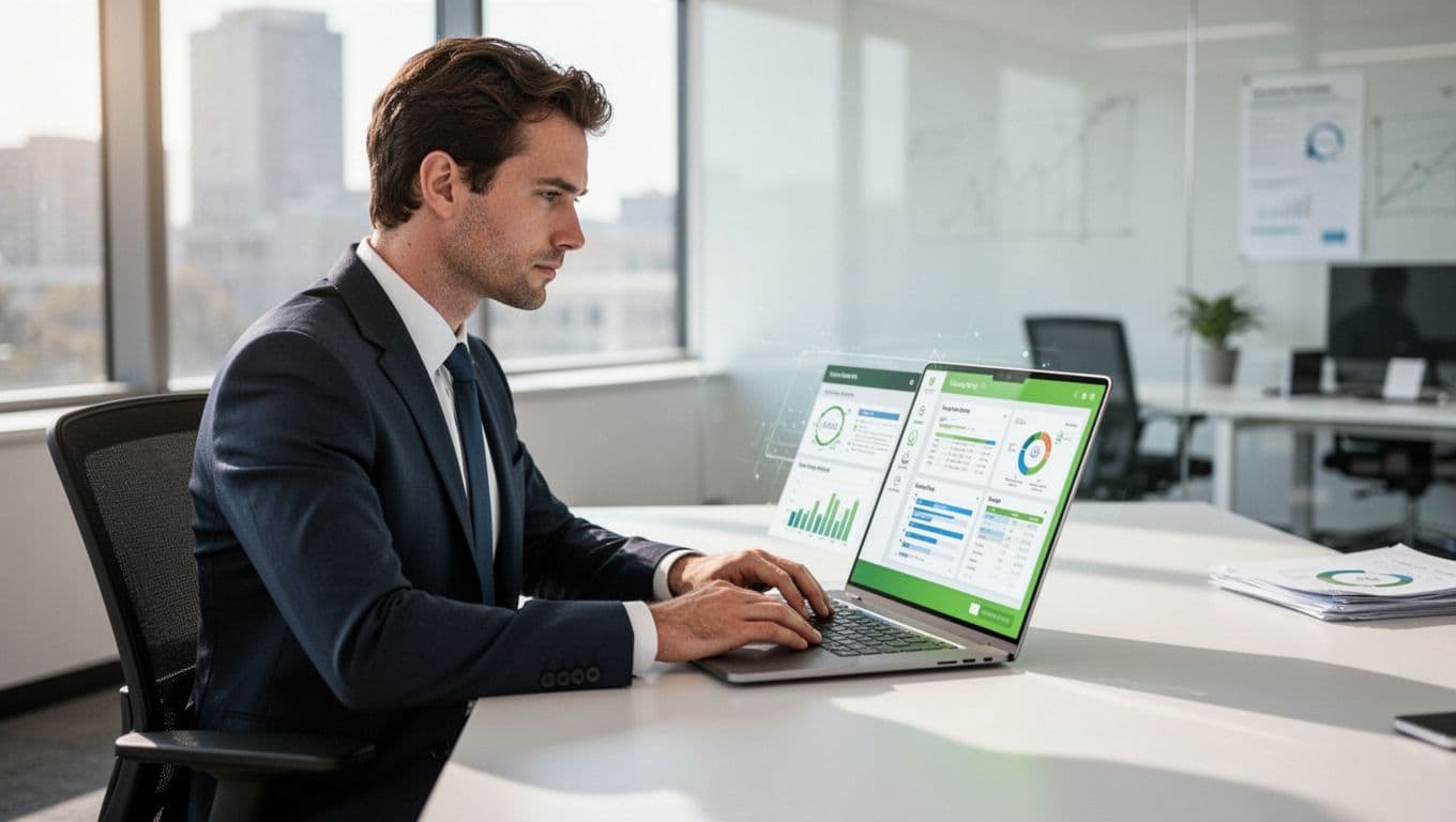 Modern illustration of a professional cybersecurity consultant in business attire seated at a desk in a modern office, reviewing security reports on a laptop screen with focus on the person and device.