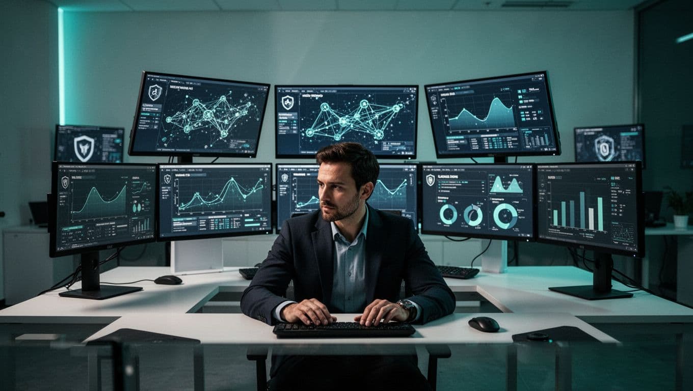 A focused cybersecurity consultant seated at a desk with multiple monitors displaying abstract threat graphs and risk metrics in a modern security operations center. The illustration uses clean shapes, controlled colors with green accents, dim ambient lighting, and screen glow for a professional atmosphere.