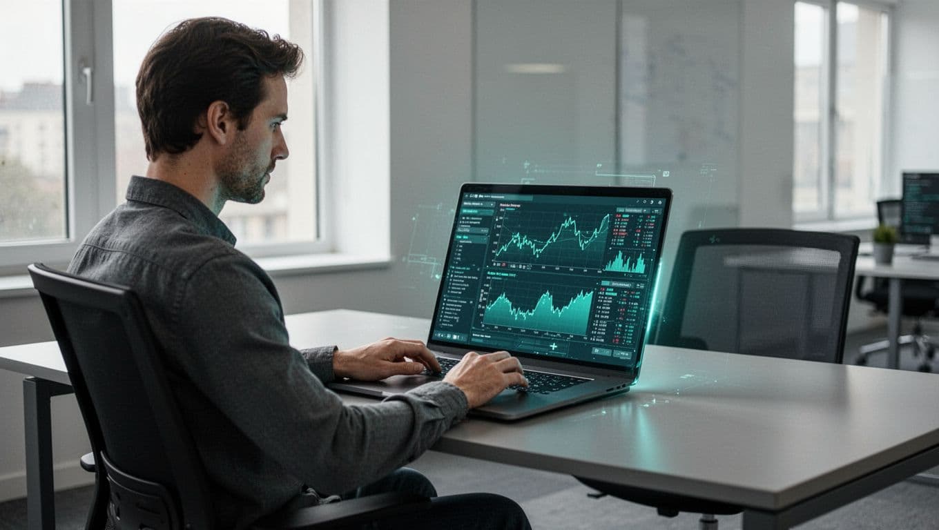 Modern illustration of a cybersecurity consultant seated at a desk, reviewing threat data on a laptop in a contemporary office with soft natural lighting and a glowing screen.