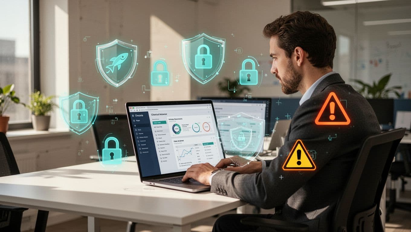 Modern illustration of a cybersecurity consultant at a desk reviewing client data on a laptop, surrounded by subtle icons of shields, locks, and cyber threat warnings like phishing and ransomware.