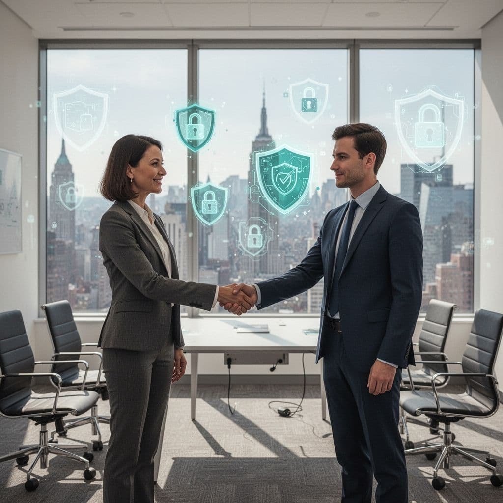 Modern illustration of a business owner and cybersecurity consultant shaking hands in a bright New York conference room, with subtle cyber protection icons like shields and locks floating around them.