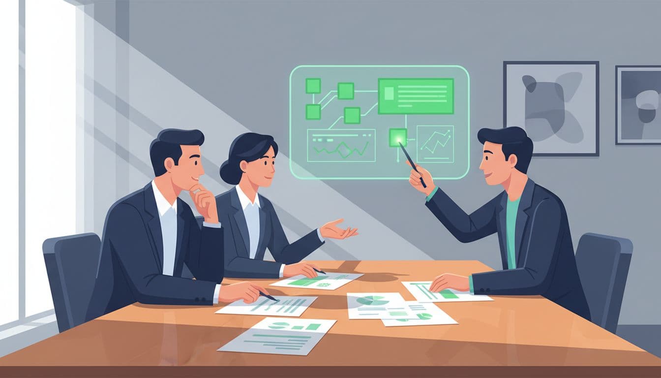 Two business leaders and a cybersecurity consultant discuss charts and a framework diagram on a conference table.