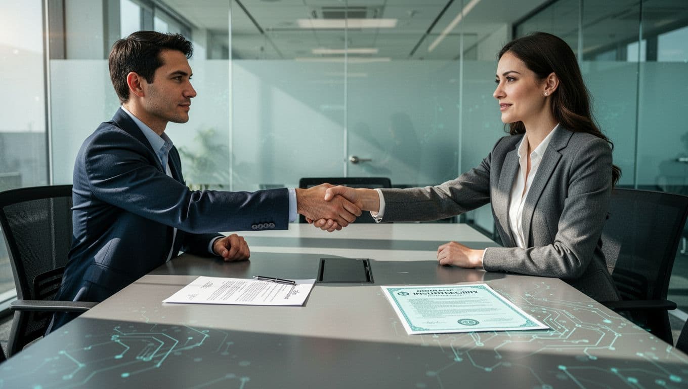 Modern illustration of a solo cybersecurity consultant shaking hands with a client across a table in a professional meeting room, with symbolic contract and insurance certificate nearby featuring subtle cyber protection elements.