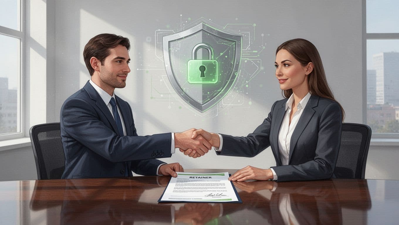 Modern illustration of a cybersecurity consultant and business owner shaking hands over a signed retainer agreement on a table in a professional office setting, featuring subtle security icons like shields and locks in the background.