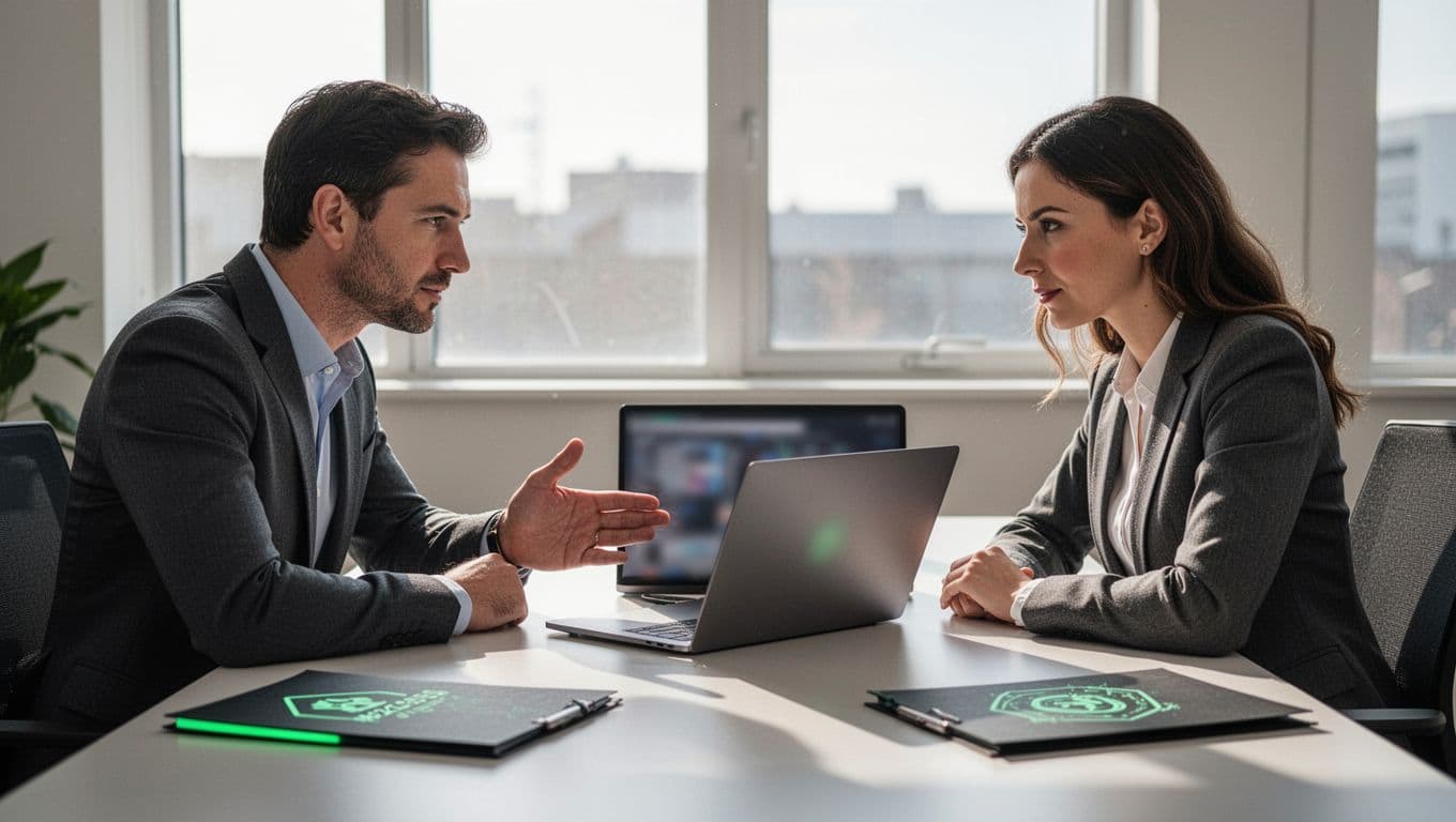 Modern illustration of a cybersecurity consultant and business client seated across a desk in an office, with the consultant pointing to an open laptop as both lean in attentively under natural window light.