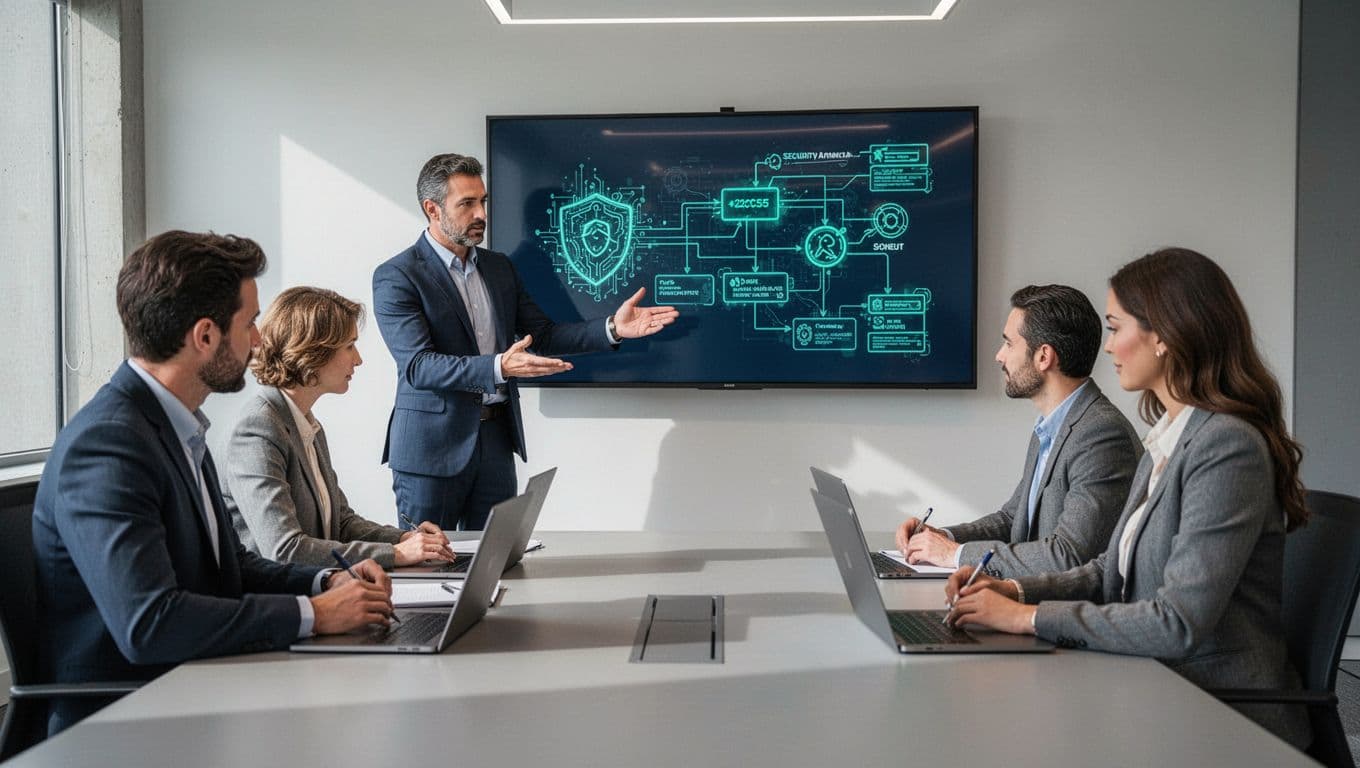 Modern illustration of a cybersecurity consultant pointing to a projected security architecture diagram on a wall screen, with two clients taking notes on laptops around a conference table in a contemporary office.