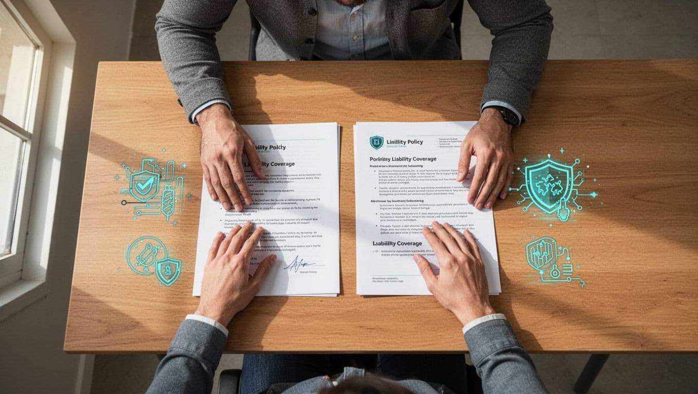 Modern illustration of a cybersecurity consultant comparing insurance policy documents side by side on a table, with icons for coverage types like data breach and liability claims in a clean workspace.
