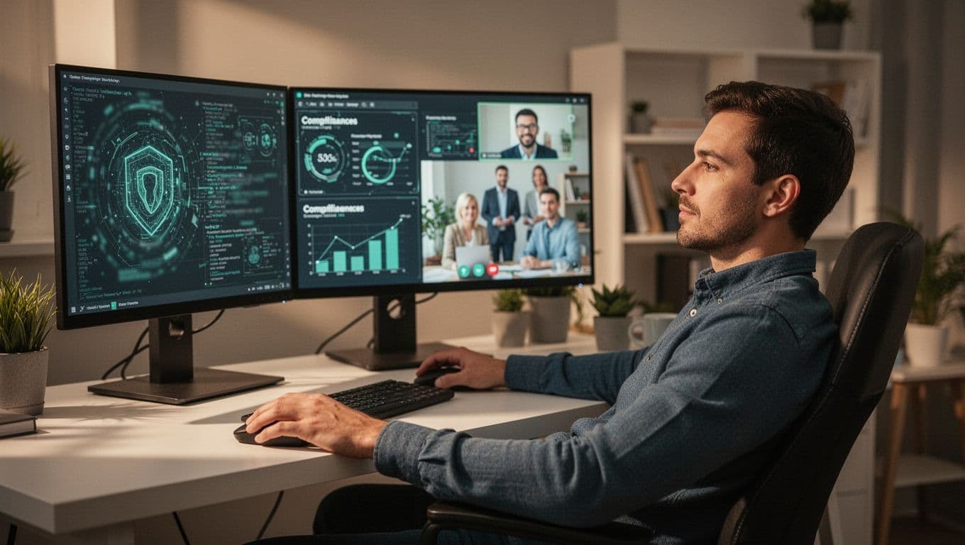 Modern illustration of a relaxed independent cybersecurity consultant at a home office desk with dual monitors showing blurred security scans and compliance charts, participating in a video call with a blurred small business team.
