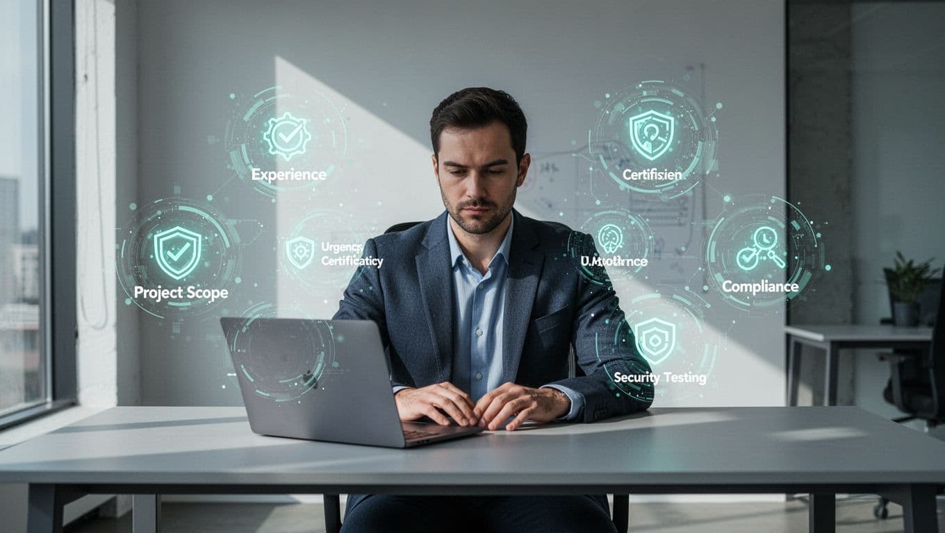 A cybersecurity consultant at a modern desk with laptop, surrounded by subtle floating icons representing experience, certification, project scope, urgency, compliance, and service types that influence hourly rates.