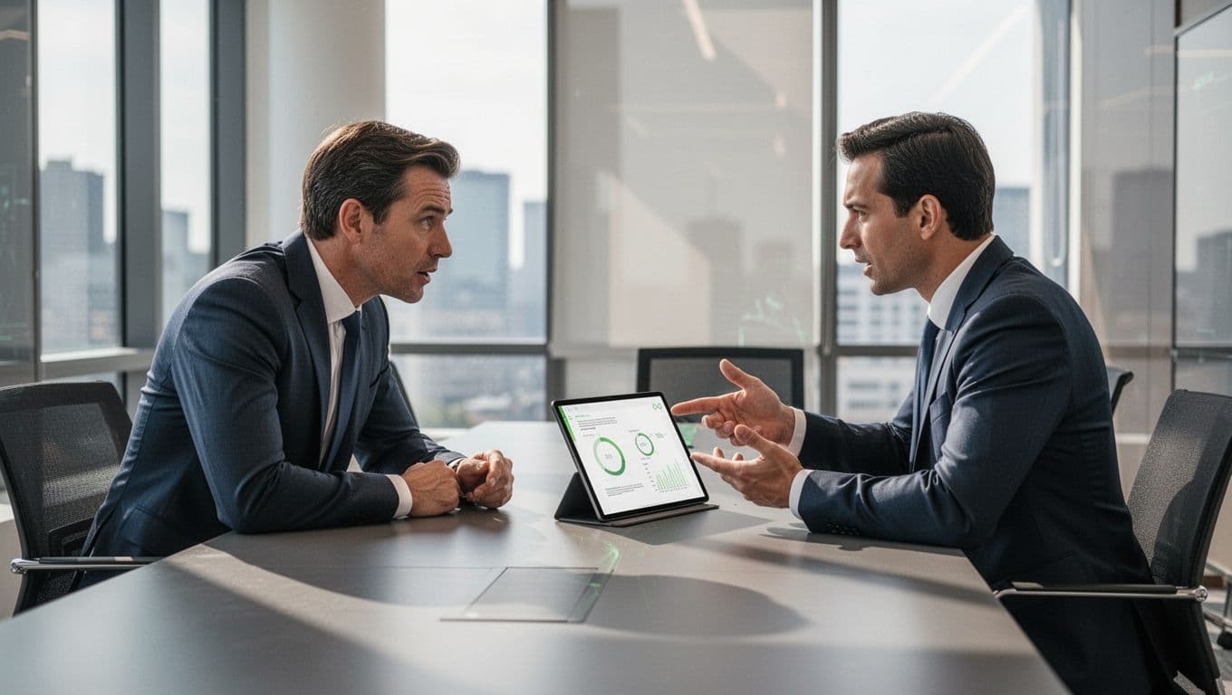 Modern illustration of a business professional interviewing a cybersecurity consultant across a table in a modern office, with the consultant explaining using charts accented in green. Clean shapes, controlled colors, side-angle composition, and natural lighting, featuring exactly two people.