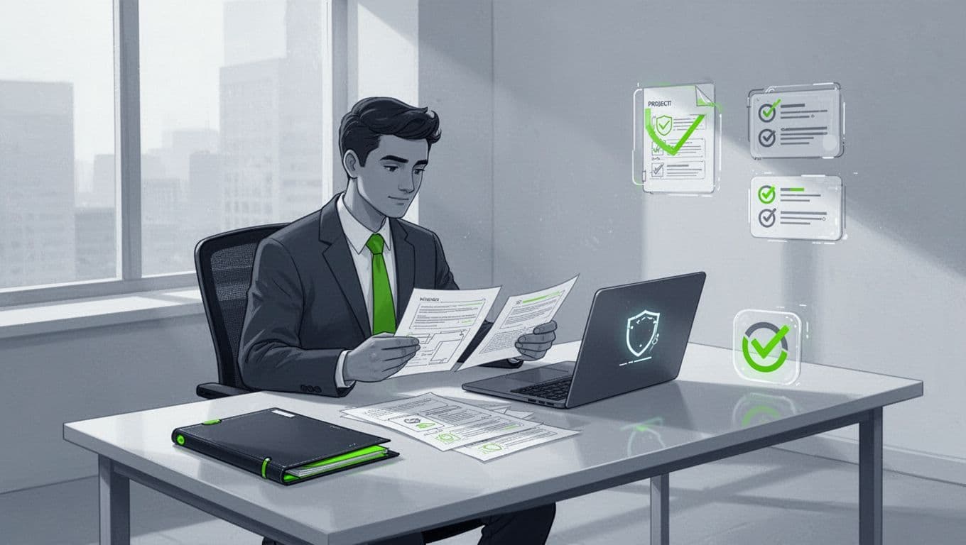 Modern illustration of a cybersecurity professional seated at a sleek desk in a bright office, reviewing printed documents and a laptop showing a checklist outline, with risk register icons and SOW folder nearby, using a clean blue-gray palette with green accents.