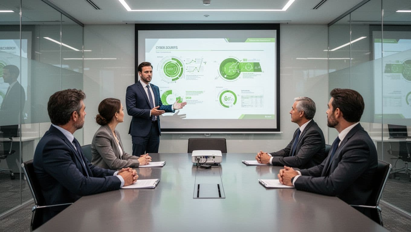 Cybersecurity consultant standing at a conference table, presenting simple risk assessment charts on a projector screen to four attentive executives in a modern boardroom illustration with clean shapes and #22C55E accents.