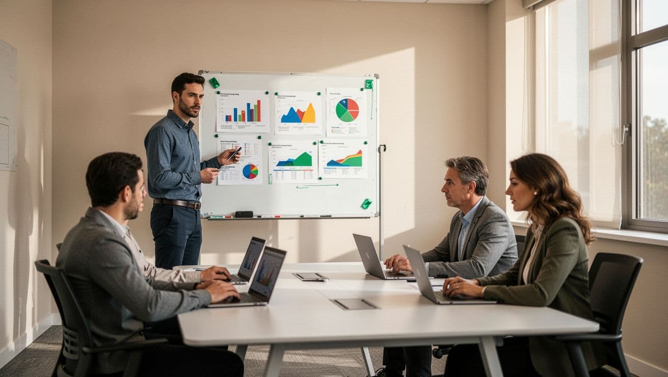 Modern illustration of a cybersecurity consultant presenting a risk assessment report to a team in a conference room, with the consultant at a whiteboard and four stakeholders seated around a table with laptops.