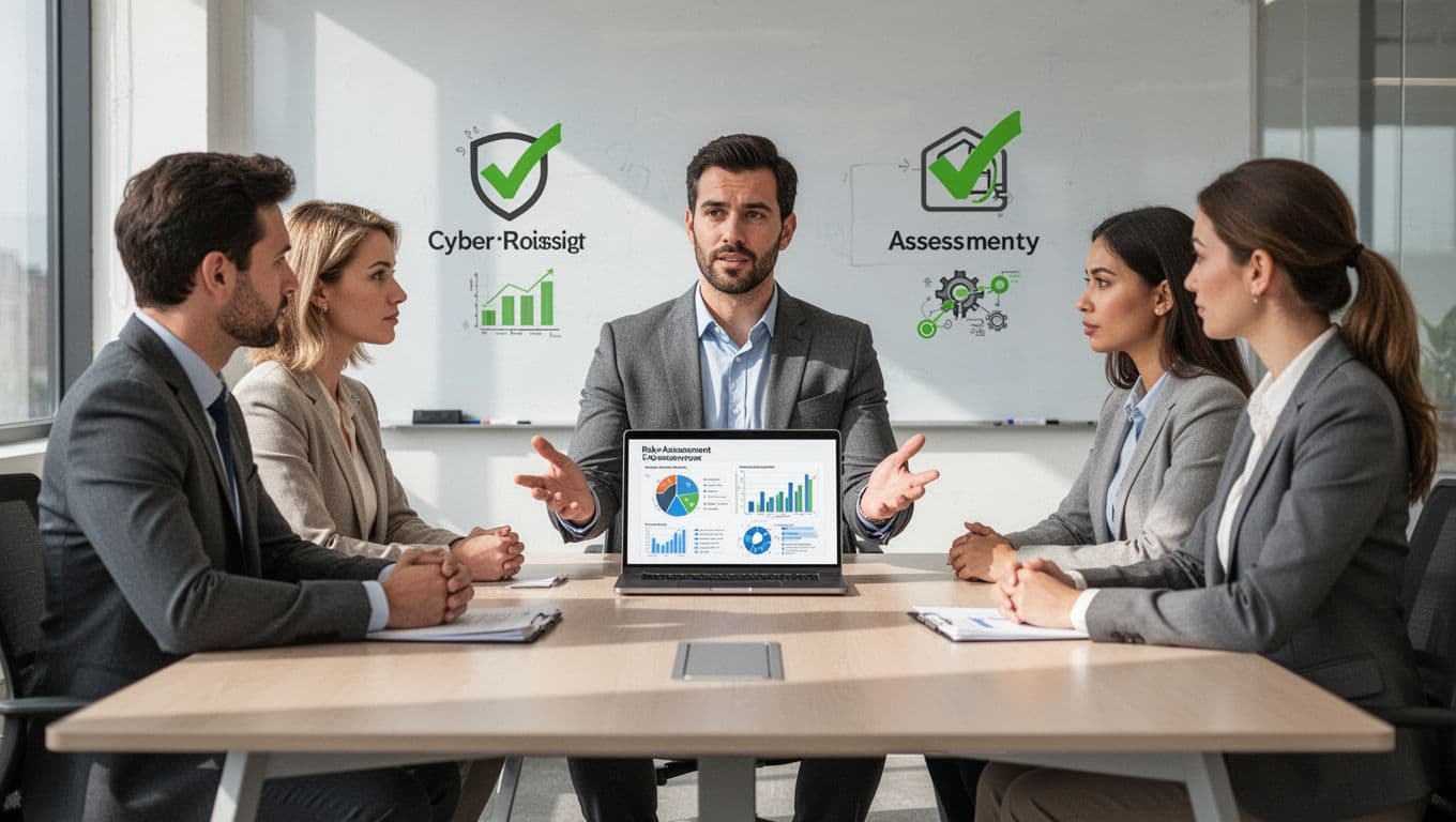 Modern illustration of a cybersecurity consultant in business casual presenting simple risk assessment charts on a laptop to a small team of three around a conference table, with positive gestures and green strategy icons.