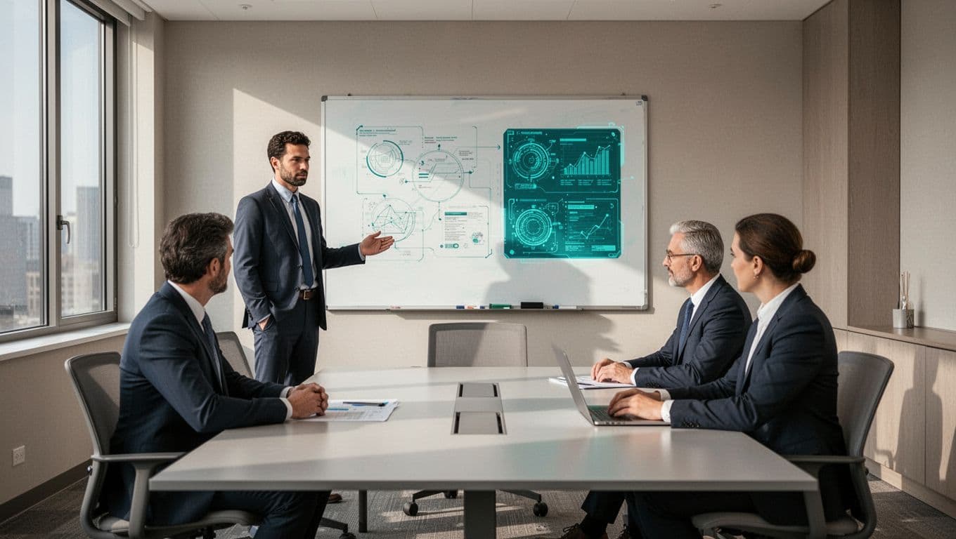 Modern illustration of a cybersecurity consultant standing at a whiteboard with diagrams, presenting to three executives seated around a conference table with one laptop in a bright office room. Clean shapes, green accents, natural daylight, centered composition with exactly four people.