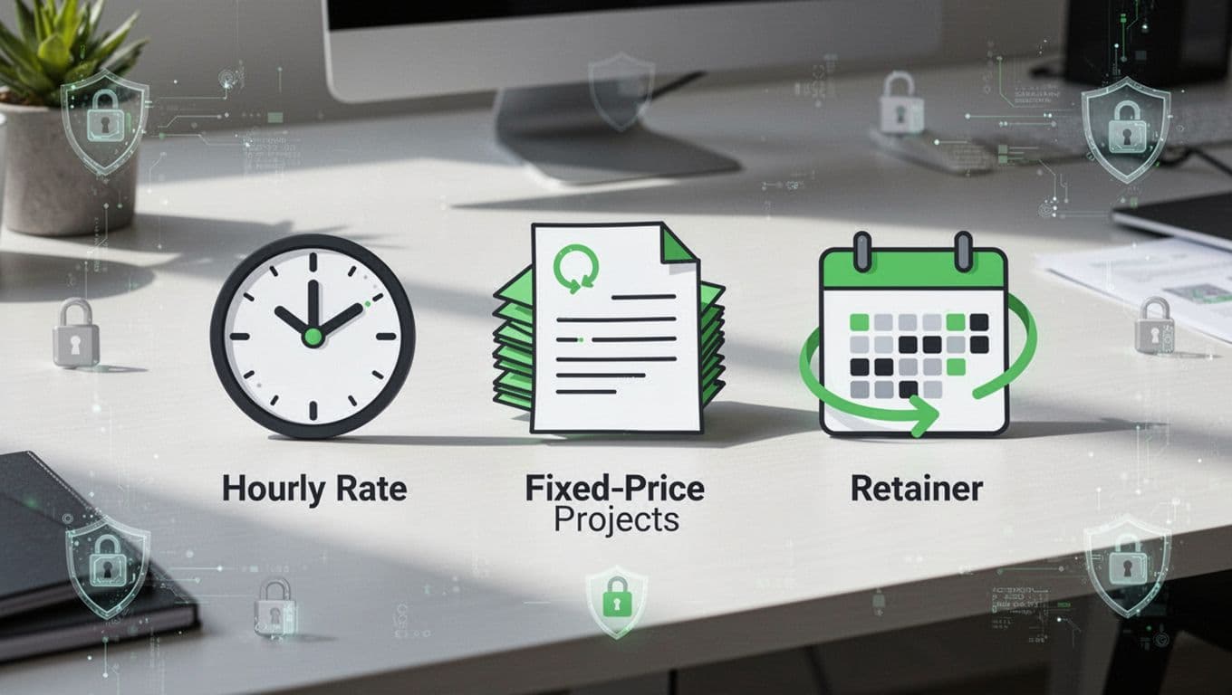 Modern illustration comparing three cybersecurity consultant pricing models: hourly rate (clock icon), fixed-price project (contract stack), and retainer (calendar loop), on a simple office desk with subtle cybersecurity shields.