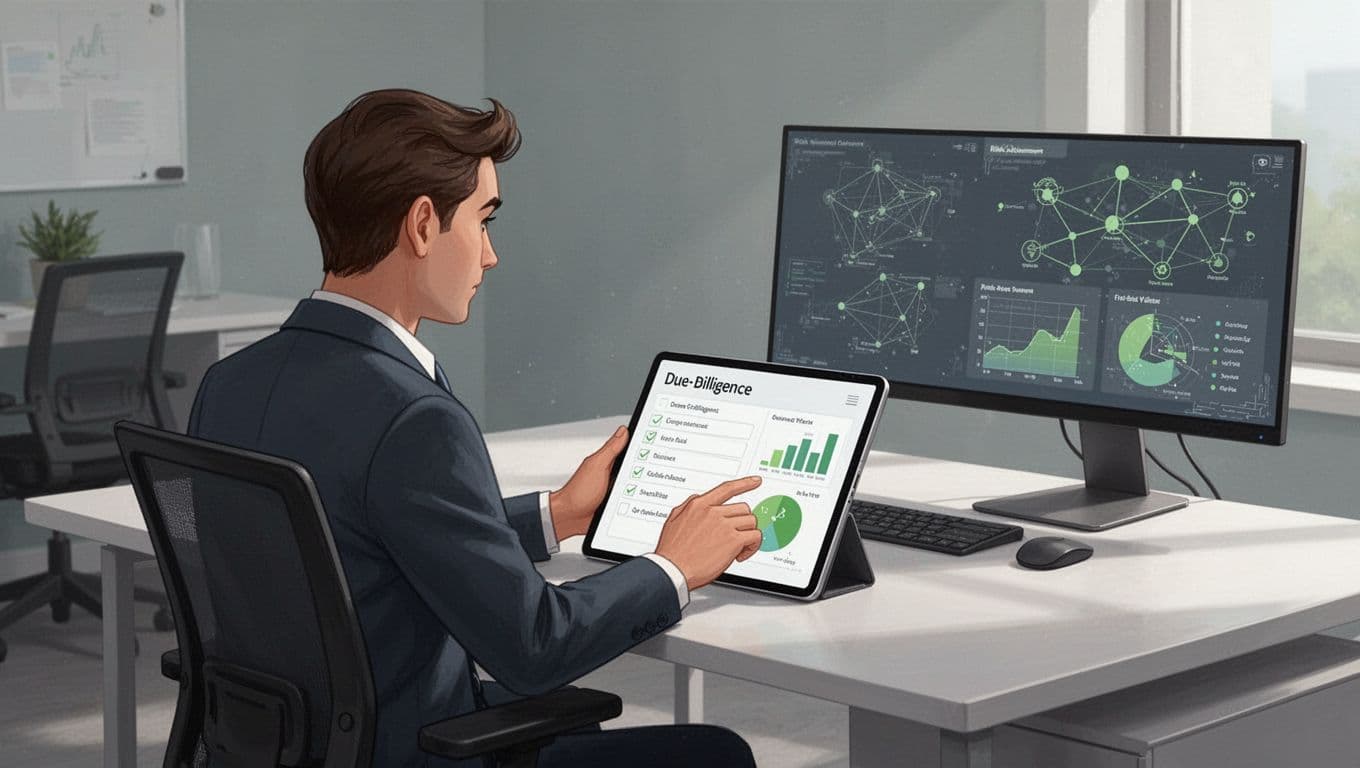 Modern illustration featuring a cybersecurity consultant at a desk reviewing a due diligence checklist on a tablet during an acquisition meeting, surrounded by charts of risk assessments and subtle network diagrams in a professional office.