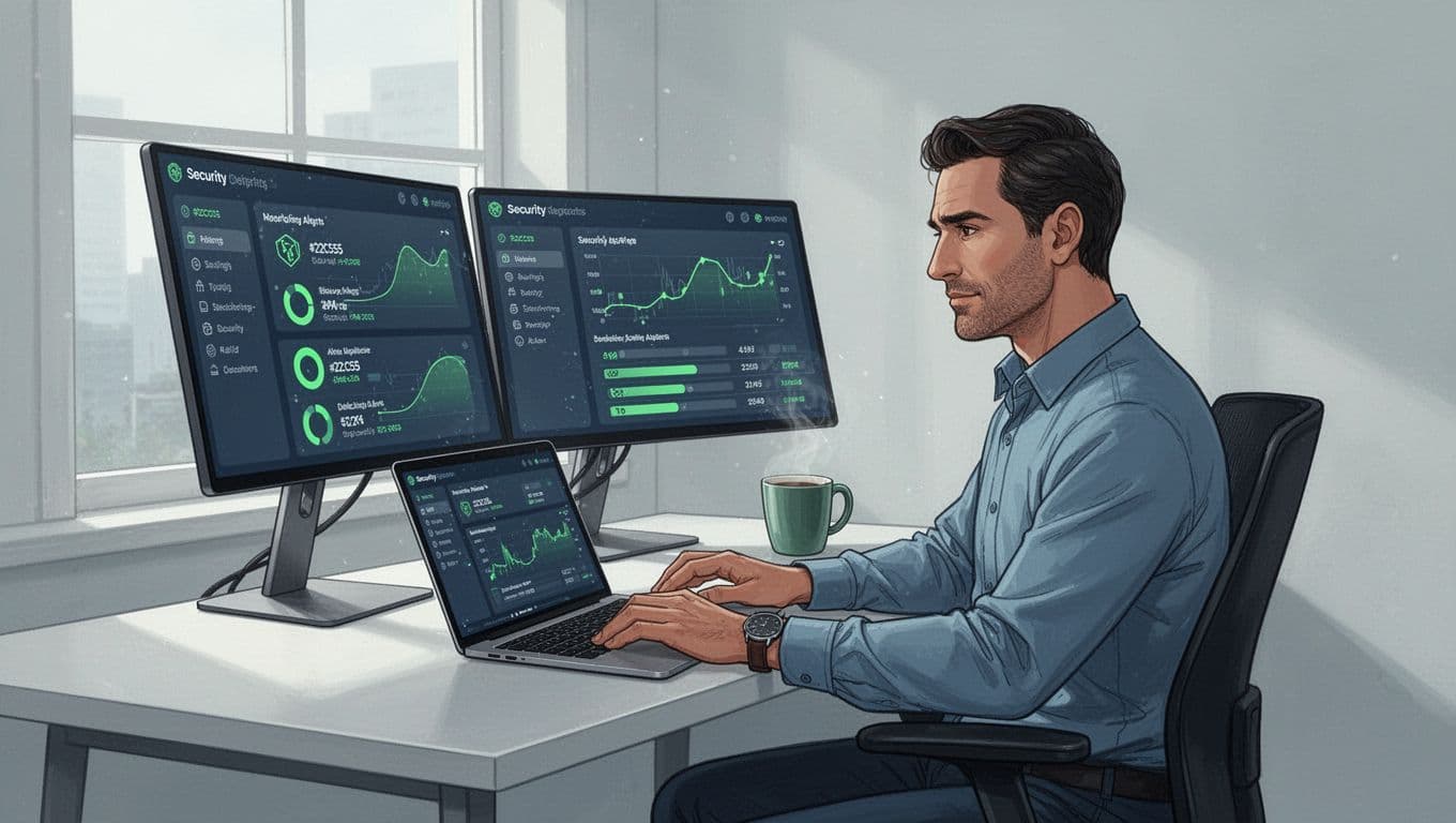 A mid-30s professional male cybersecurity consultant in business casual sits focused at his modern home office desk, reviewing overnight security alerts on dual monitors and a laptop, with a coffee mug nearby and natural daylight from the window.