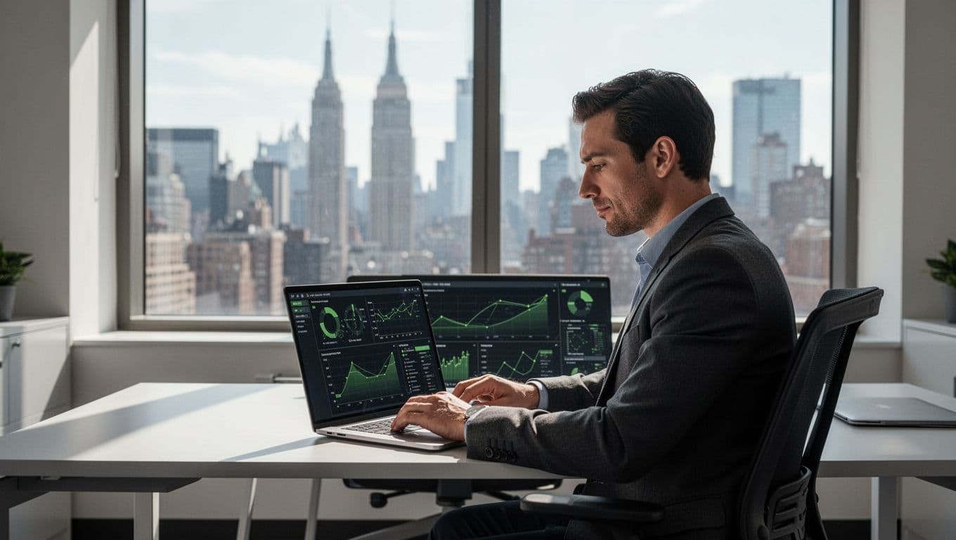 Modern illustration of a cybersecurity consultant at a desk reviewing security reports on a laptop in an office with city skyline view, using soft lighting and green accents.