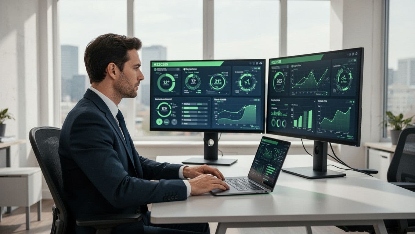 A professional cybersecurity consultant in business attire sits at a desk in a bright office, reviewing digital security dashboards on dual monitors and a laptop with hands relaxed nearby. Modern illustration in clean shapes and controlled colors with green accents, centered composition, and soft daylight.