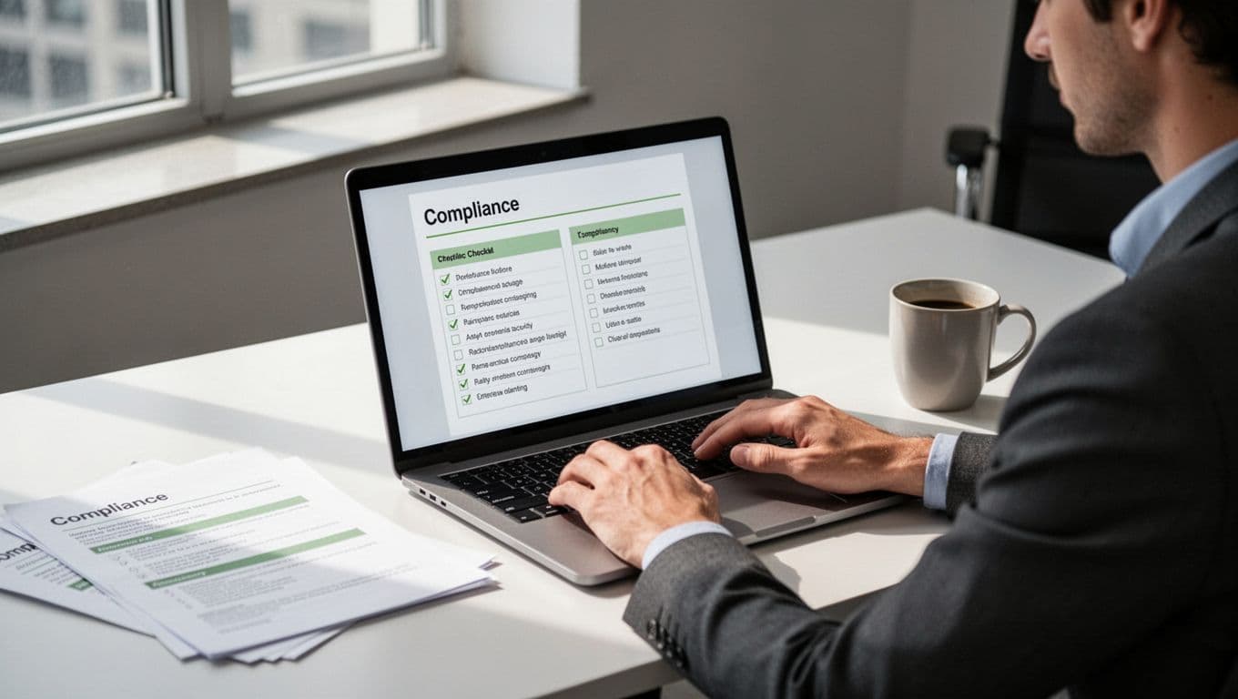 Modern illustration of a cybersecurity consultant examining a SOC compliance checklist on a laptop screen at a modern office desk with documents and coffee mug nearby, featuring clean shapes, controlled colors, soft natural lighting, and green accent highlights.