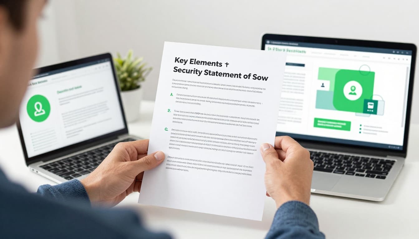 Modern illustration of a cybersecurity consultant sitting at a desk reviewing a printed statement of work document next to a laptop showing security charts, using clean shapes and a controlled color palette with green accents.