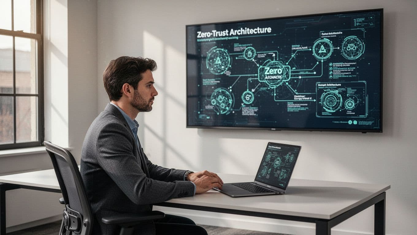 Modern illustration of a cybersecurity consultant in a professional office setting reviewing zero trust architecture diagrams on a large screen with clean shapes, soft natural lighting, and green accents on charts.