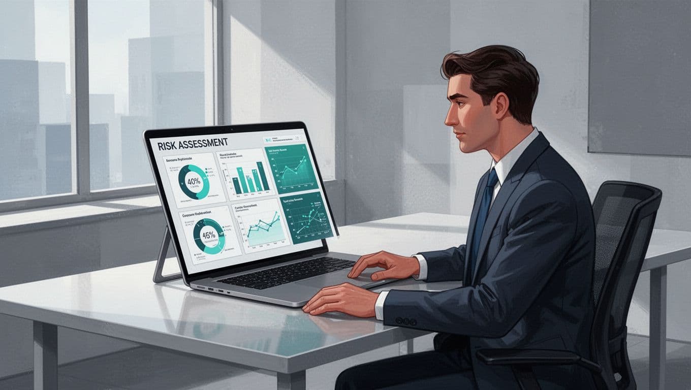 Modern illustration of a cybersecurity consultant in a professional office setting, reviewing risk assessment charts on a single laptop screen at an angle, with relaxed hands on desk, clean shapes, controlled colors with green accents, strong composition, and natural lighting.