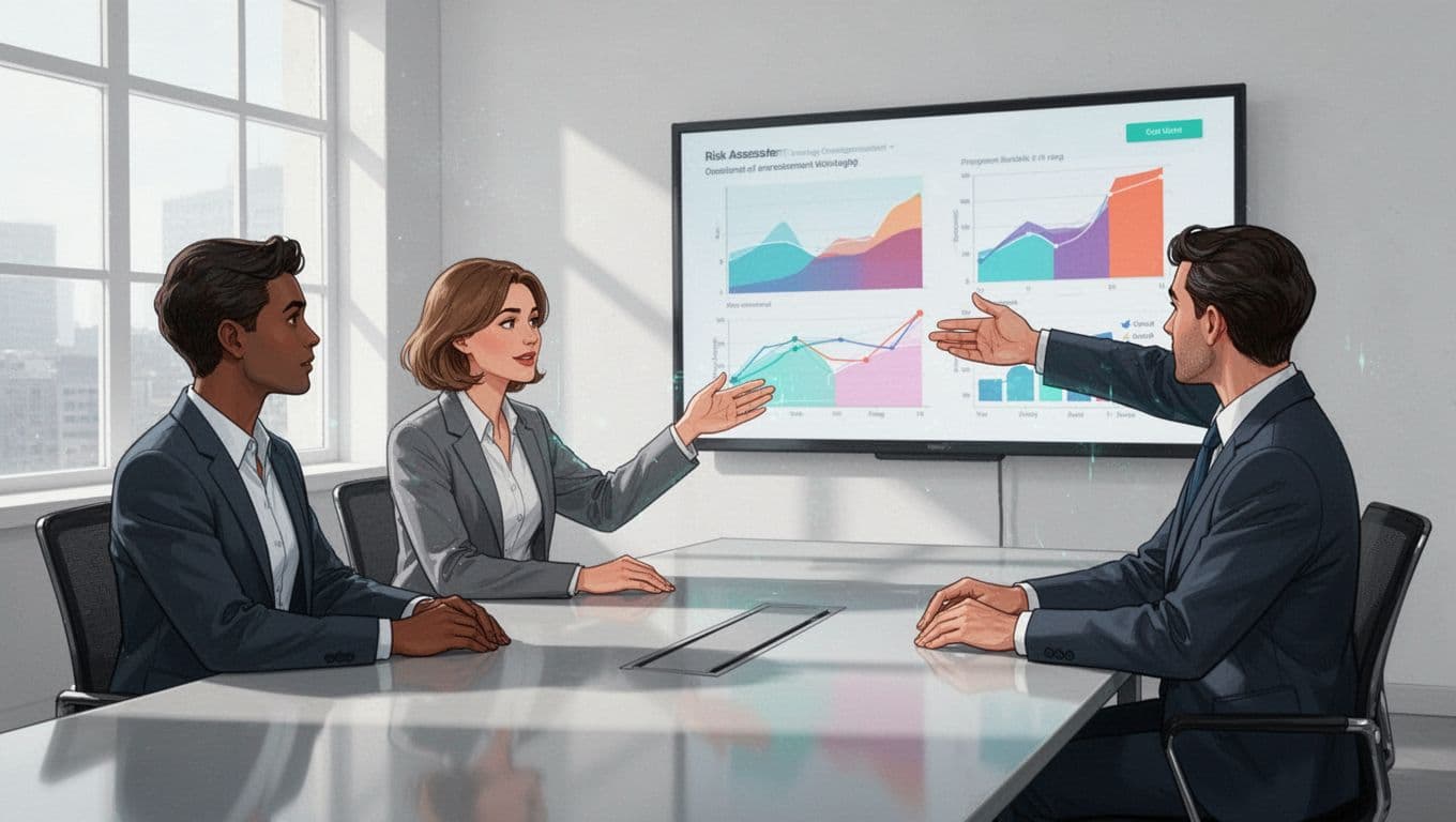 A cybersecurity consultant presents a risk assessment report to two clients in a modern conference room, with abstract charts on a screen, professional setting, side-angle view, and natural window lighting.