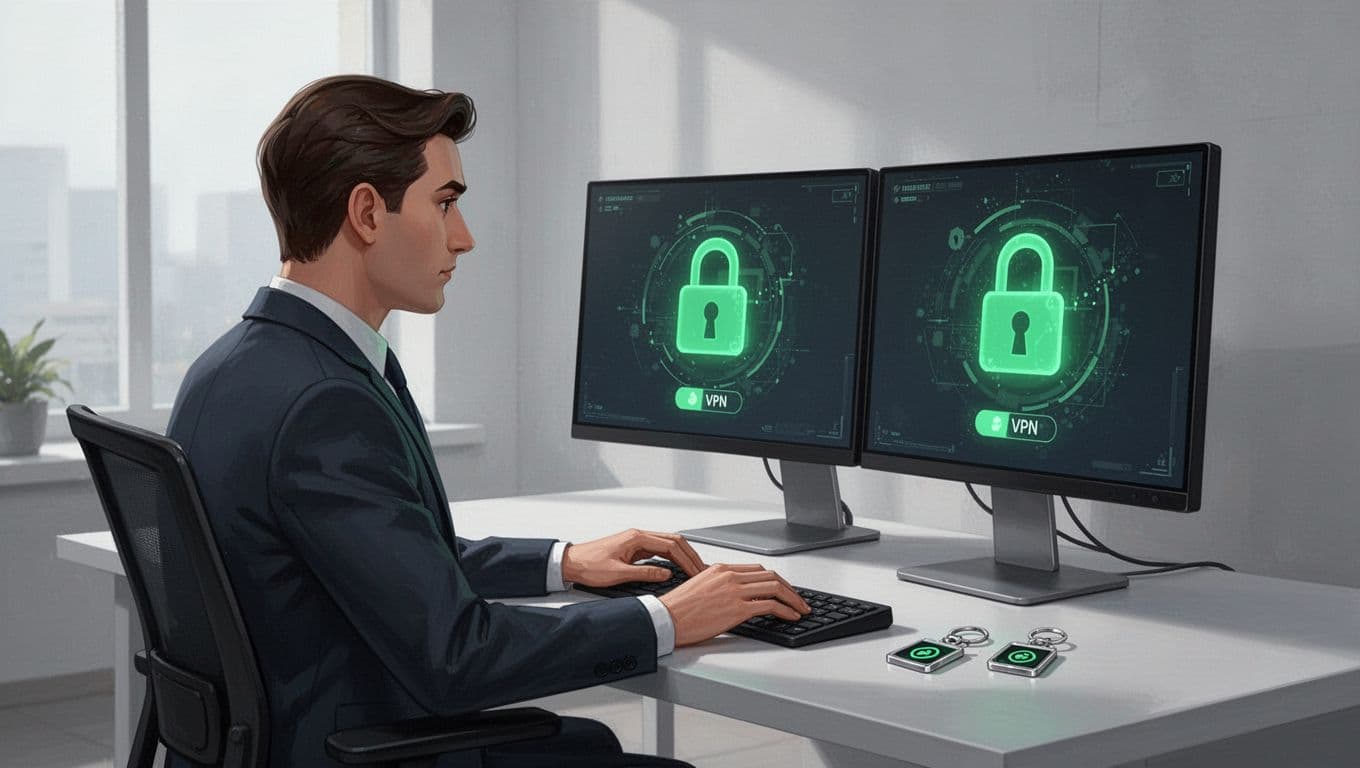 Modern illustration of a cybersecurity consultant at a desk with secure login screens on dual monitors, active VPN icon, and access badges, visualizing least-privilege access setup.