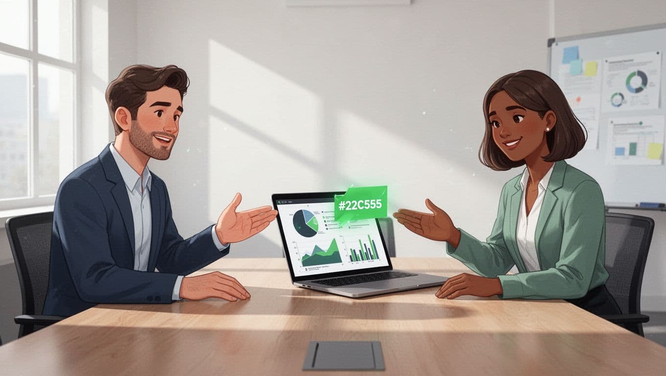 Modern illustration of a cybersecurity consultant and small business owner collaboratively reviewing a security dashboard on a laptop in a bright conference room.