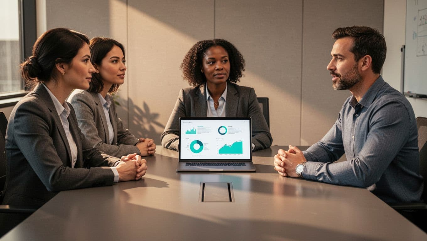 Modern illustration of a cybersecurity consultant in a relaxed professional discussion with a small business owner and IT manager around a conference table, laptop displaying simple charts.