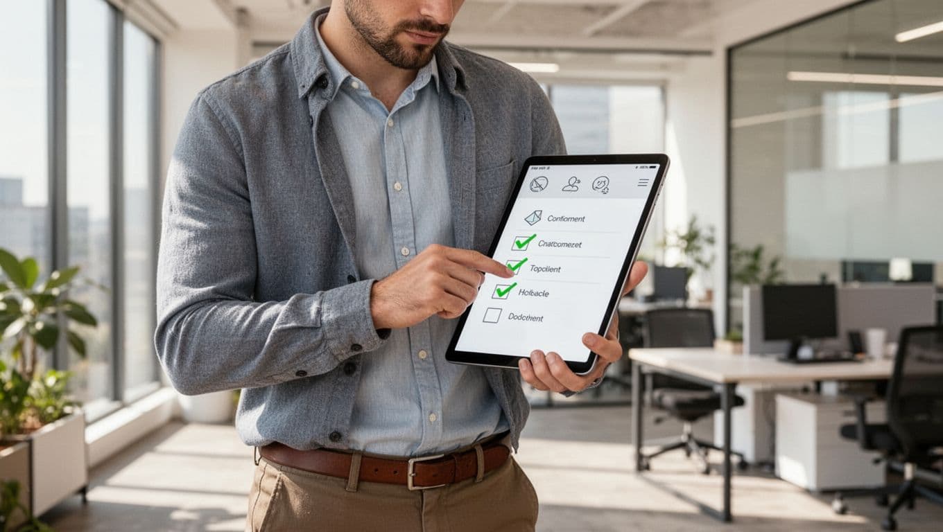 Modern illustration of a cybersecurity consultant checking off items on a digital tablet checklist for vendor application in a bright office, with relaxed pose, clean icons, green checkmarks, and natural lighting.