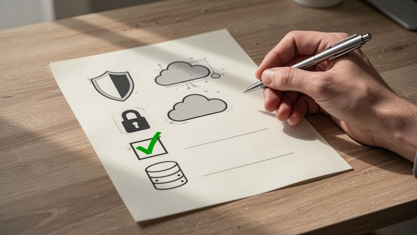 Modern illustration of a simple paper checklist with cybersecurity icons like shield, lock, cloud, and database, featuring three green checkmarks on initial items and a relaxed hand with pen on a wooden desk.